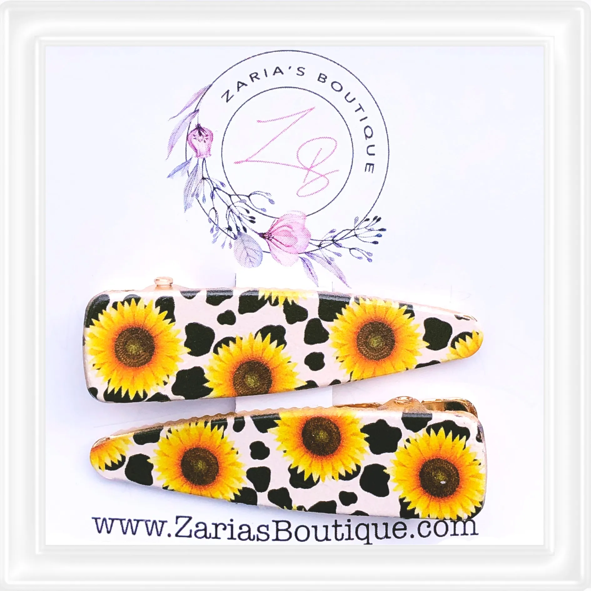 ⋅ Sunflower Cow Hide ⋅ Custom Printed Vegan Faux Leather & Hair Clips ⋅