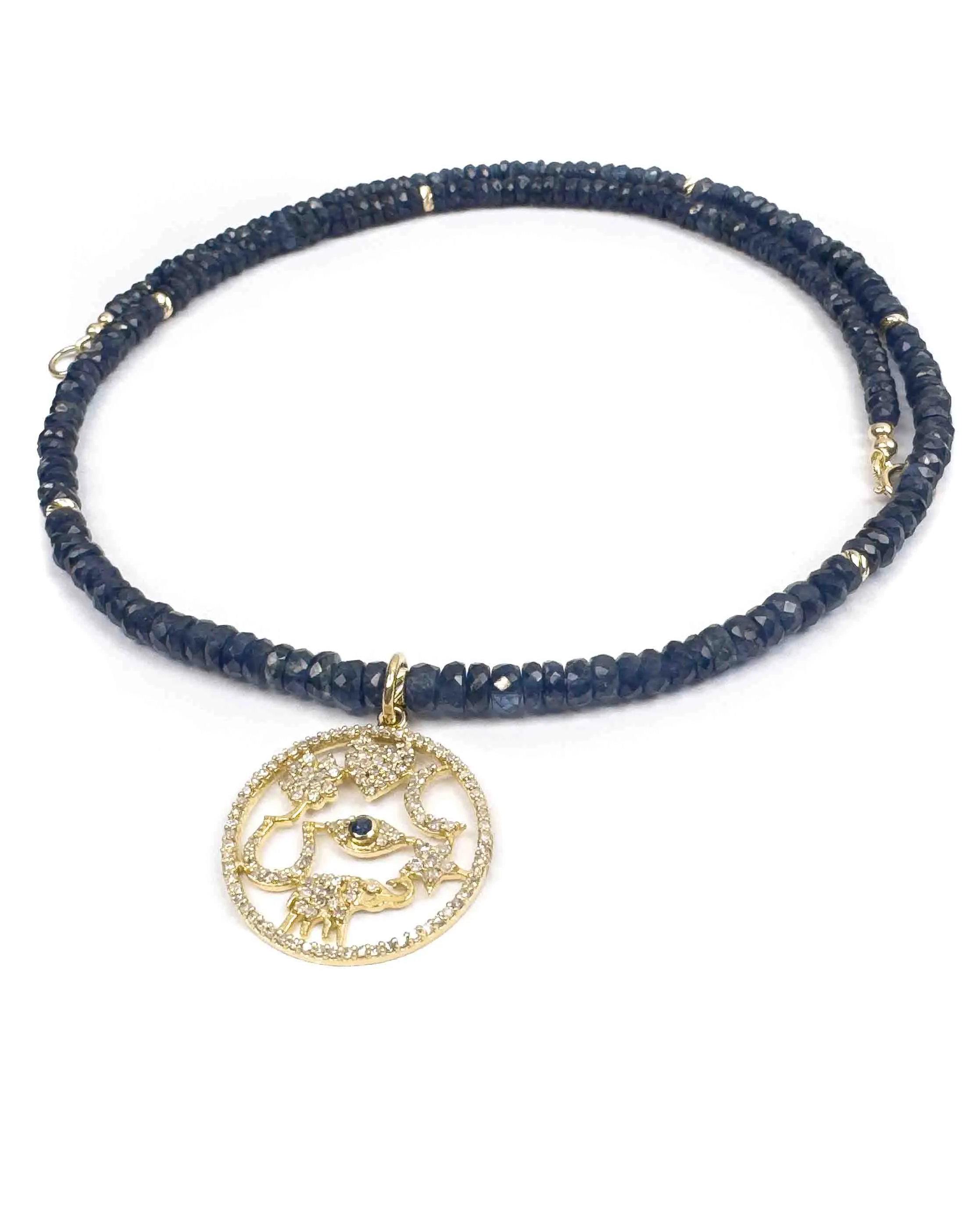 14k Diamond & Sapphire Lucky Pendant on Sapphire Beaded Necklace