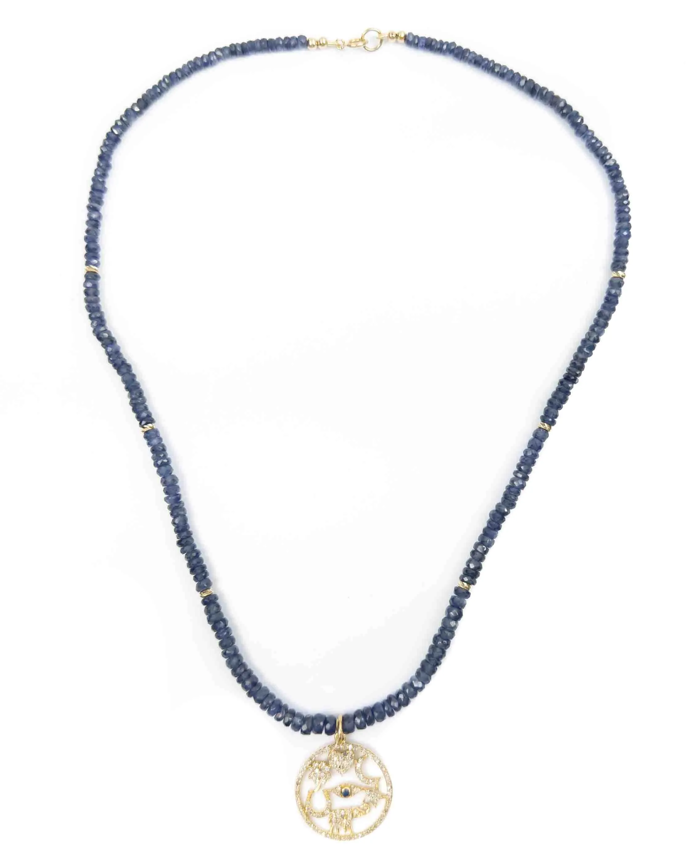 14k Diamond & Sapphire Lucky Pendant on Sapphire Beaded Necklace