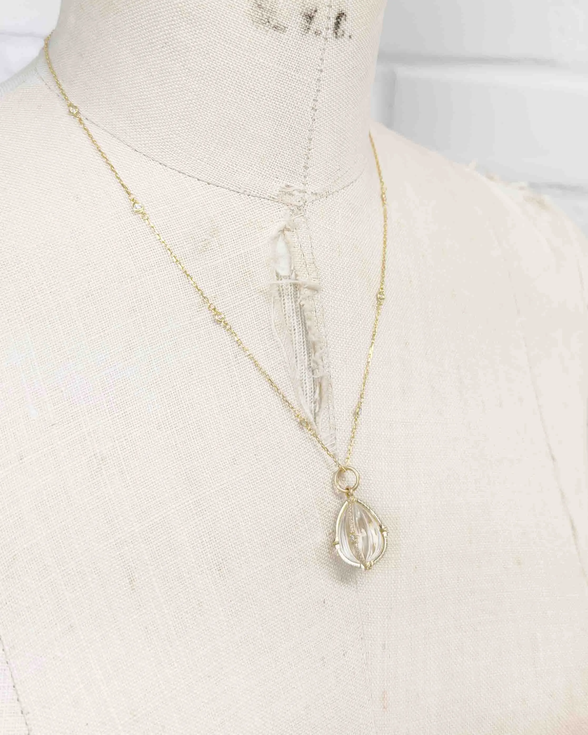 14k Diamond Carved Quartz Teardrop & Diamond by the Yard Chain Necklace