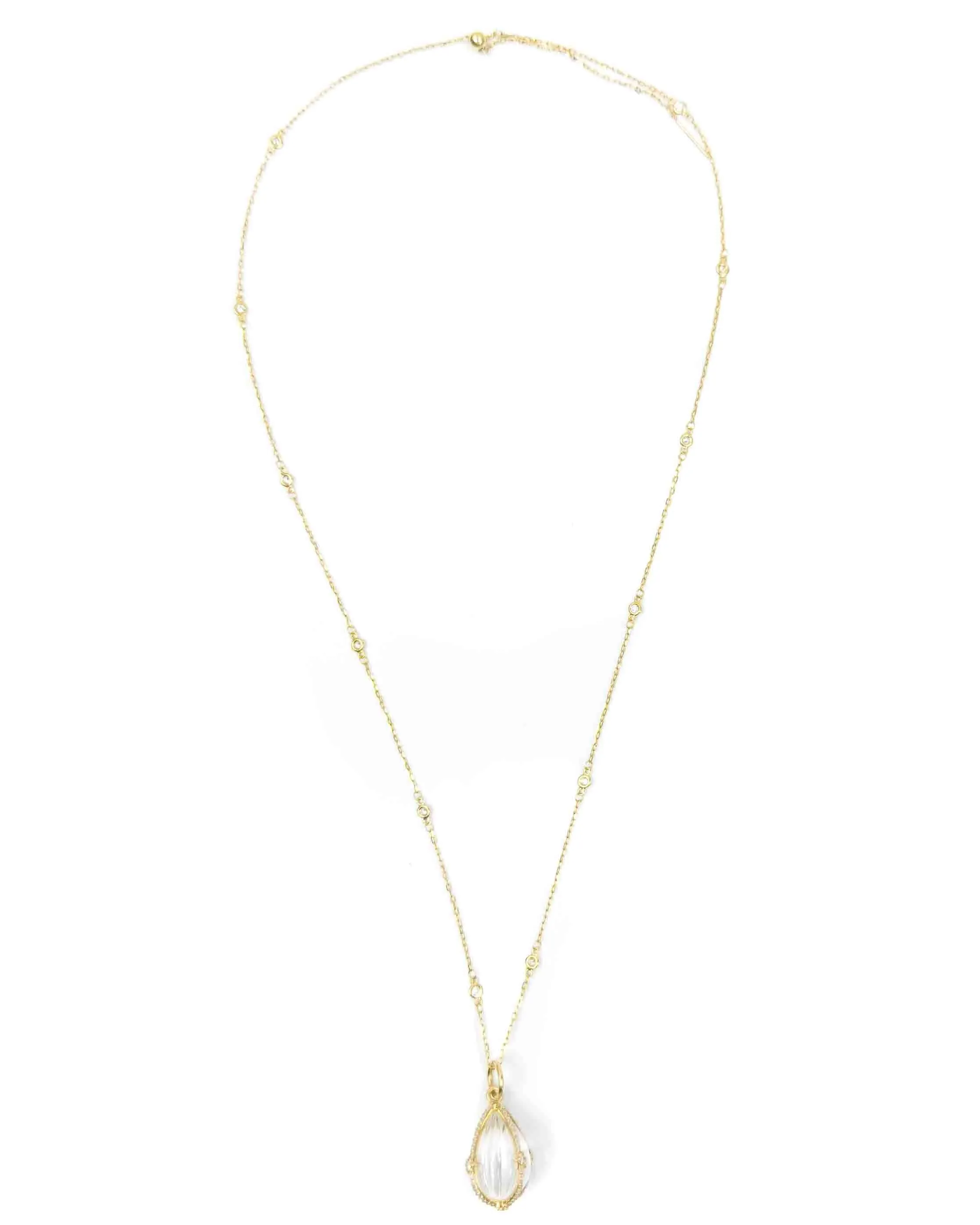 14k Diamond Carved Quartz Teardrop & Diamond by the Yard Chain Necklace