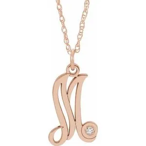 14K Rose .02 CT Diamond Script Initial M 16-18" Necklace