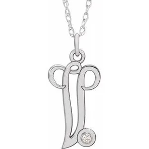 14K White .02 CT Diamond Script Initial V 16-18" Necklace