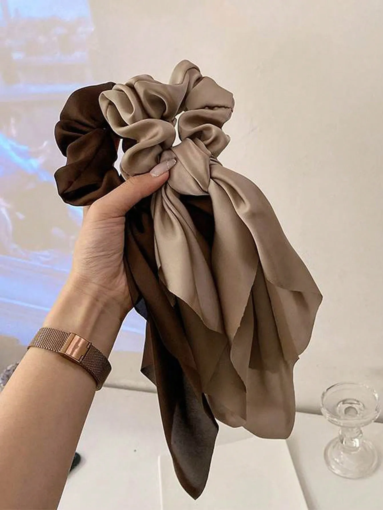 3pcs  Coffee Satin Ribbon Hair Ties