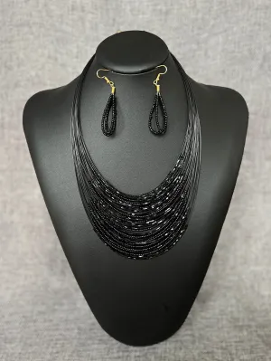 3pcs/set Black Multi-layered Beaded Necklace And 1pair Black Earrings- FD ⚡