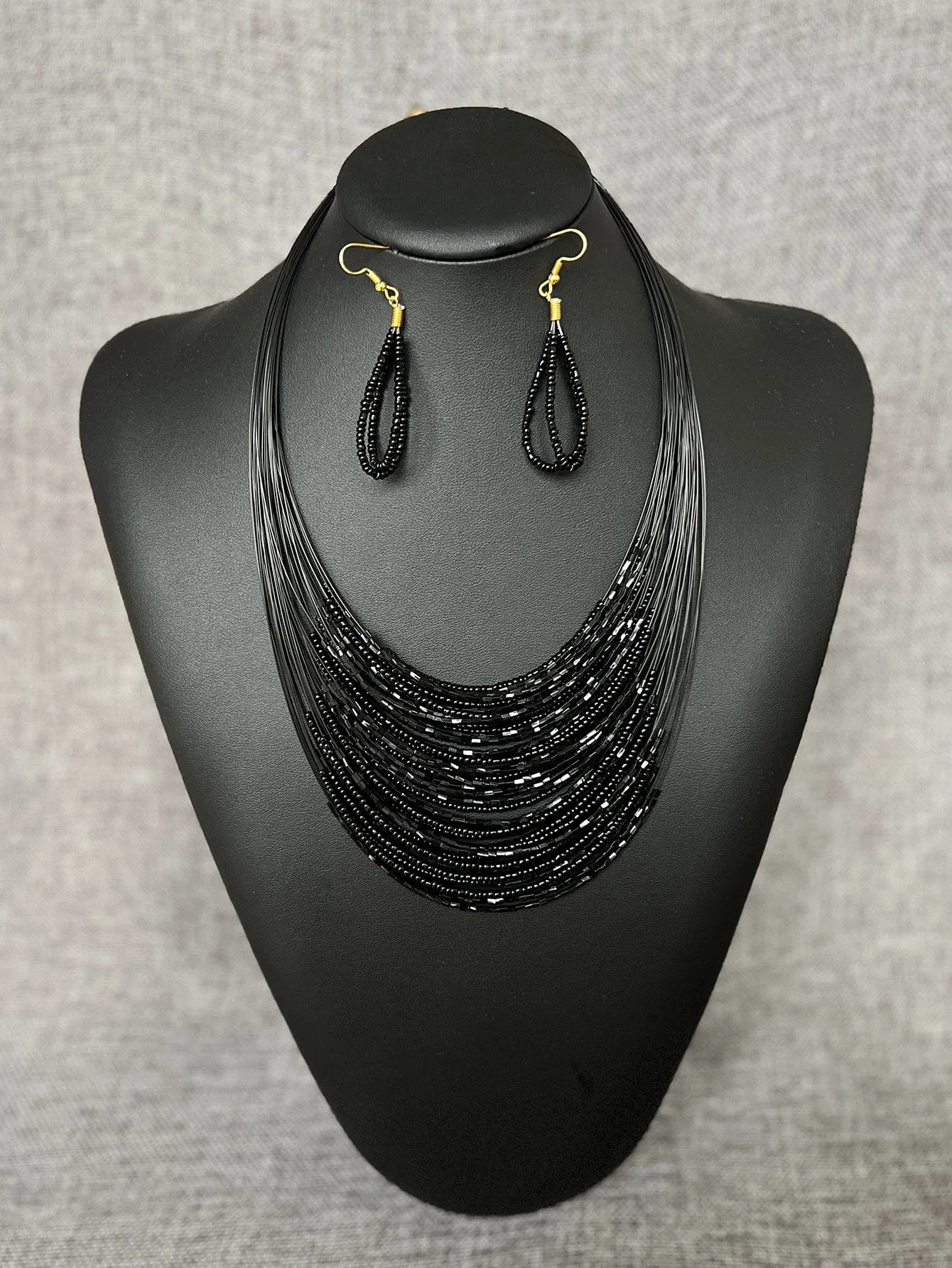 3pcs/set Black Multi-layered Beaded Necklace And 1pair Black Earrings- FD ⚡