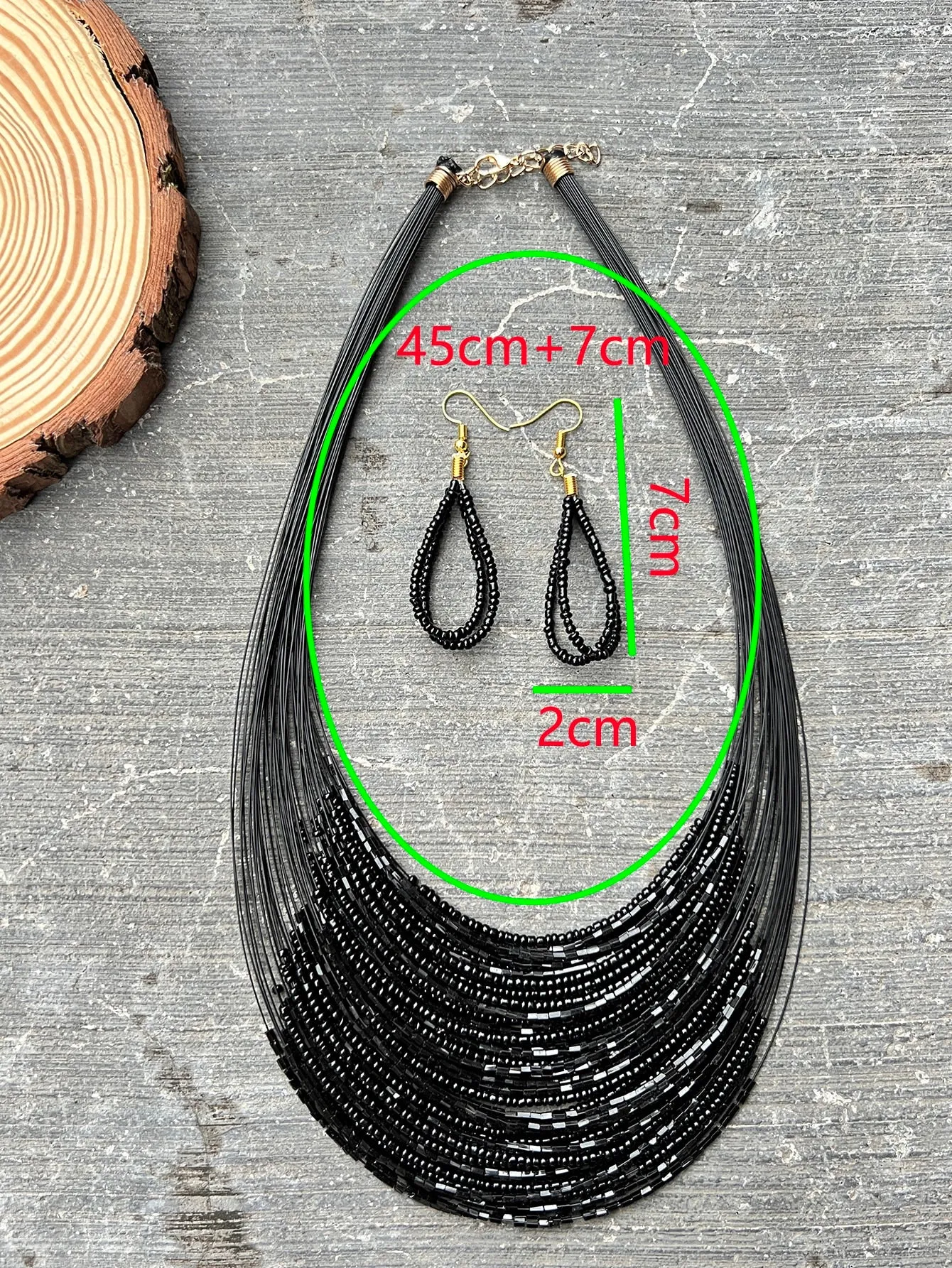 3pcs/set Black Multi-layered Beaded Necklace And 1pair Black Earrings- FD ⚡
