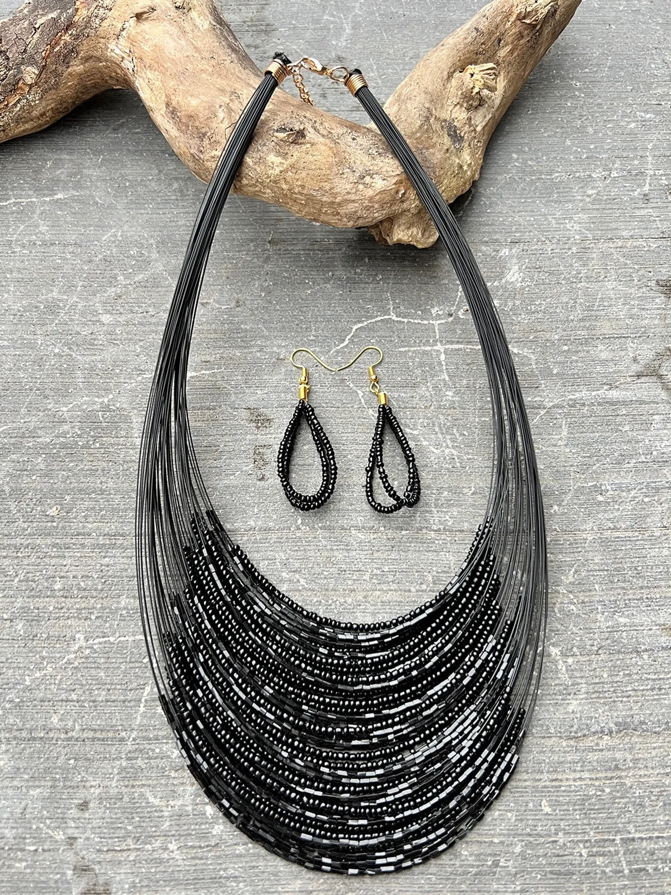 3pcs/set Black Multi-layered Beaded Necklace And 1pair Black Earrings- FD ⚡