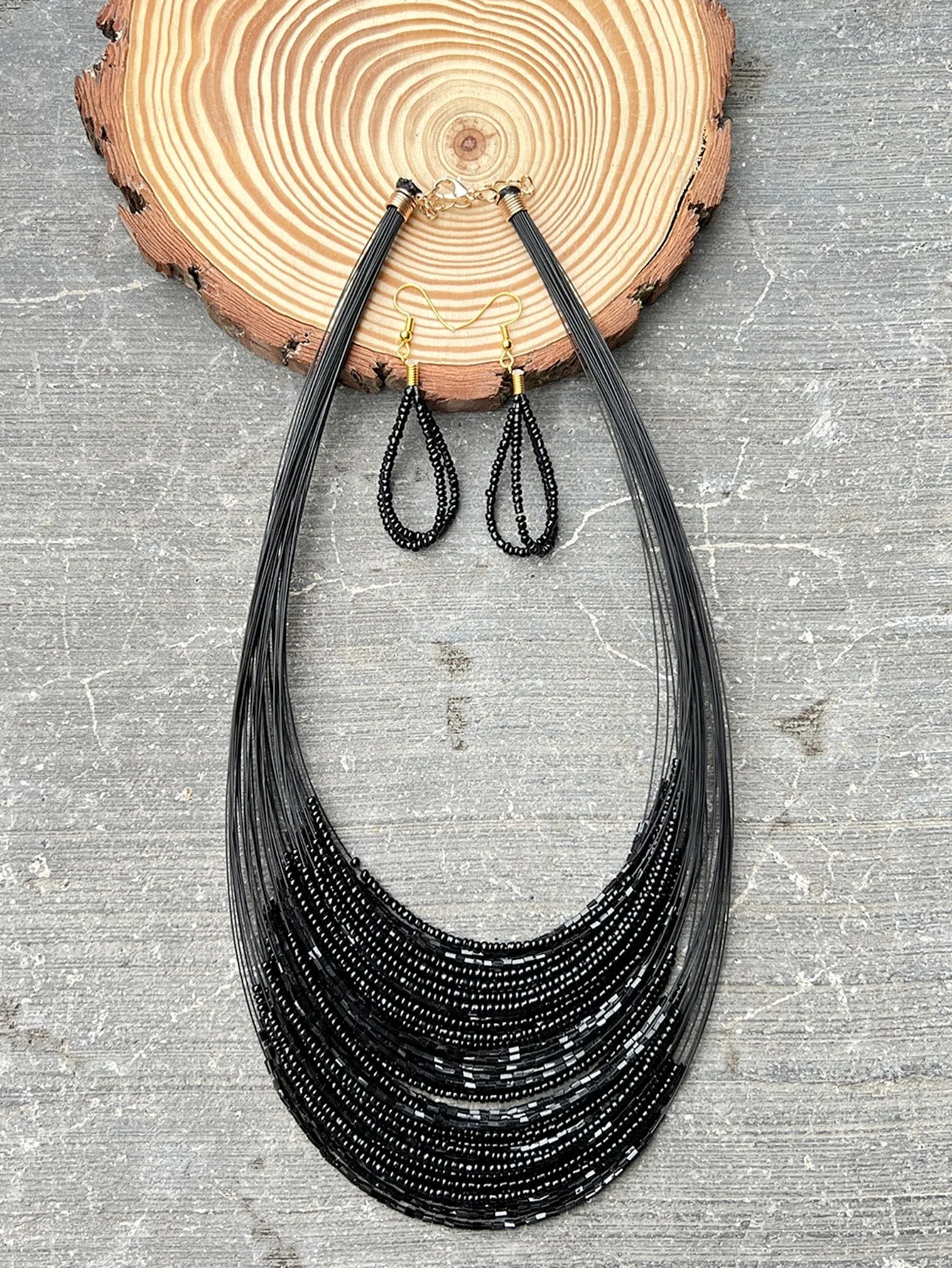 3pcs/set Black Multi-layered Beaded Necklace And 1pair Black Earrings- FD ⚡