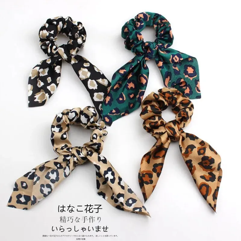 4pcs Leopard Pattern Silk Scarf Hair Scrunchie