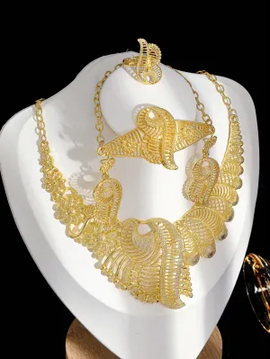 5pcs/Set: 1pc Necklace   1pc Bracelet   1 Pair Earrings   1pc Ring, Elegant Bohemian Style, Golden Color, Suitable For Wedding, Party And Daily Wear