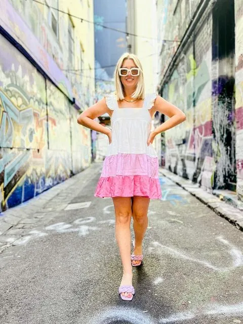 April Dress- White/lavender/pink