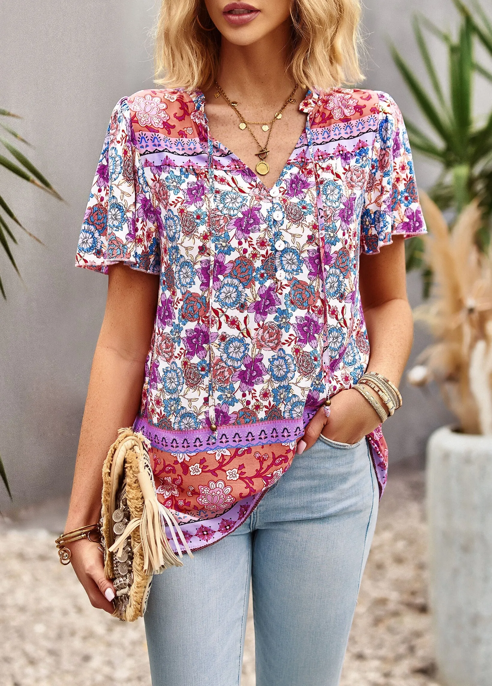 Barbados Doll Printed Button Front Top - Pink