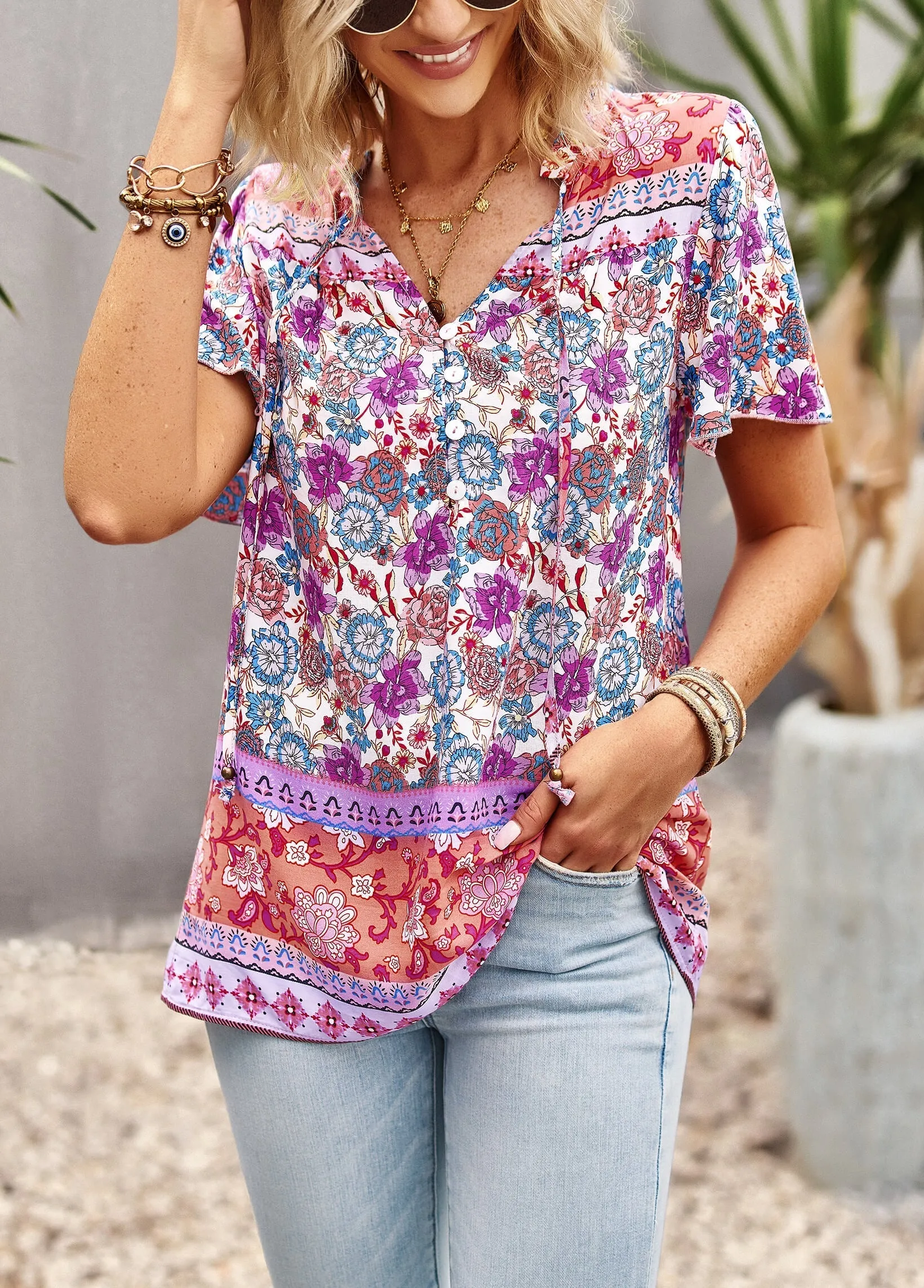 Barbados Doll Printed Button Front Top - Pink