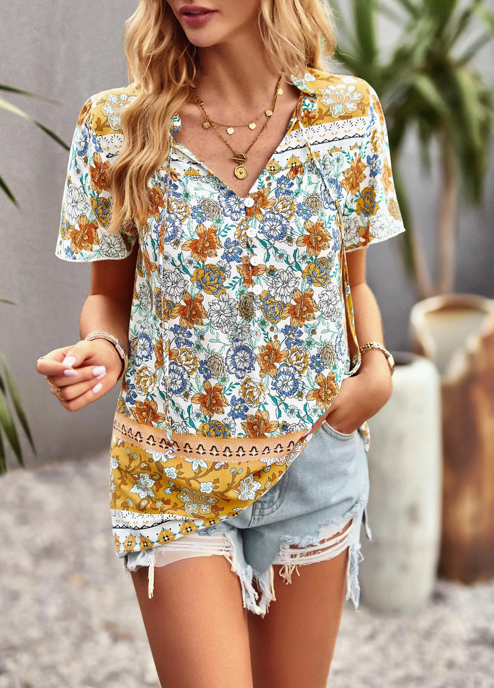 Barbados Doll Printed Button Front Top - Yellow