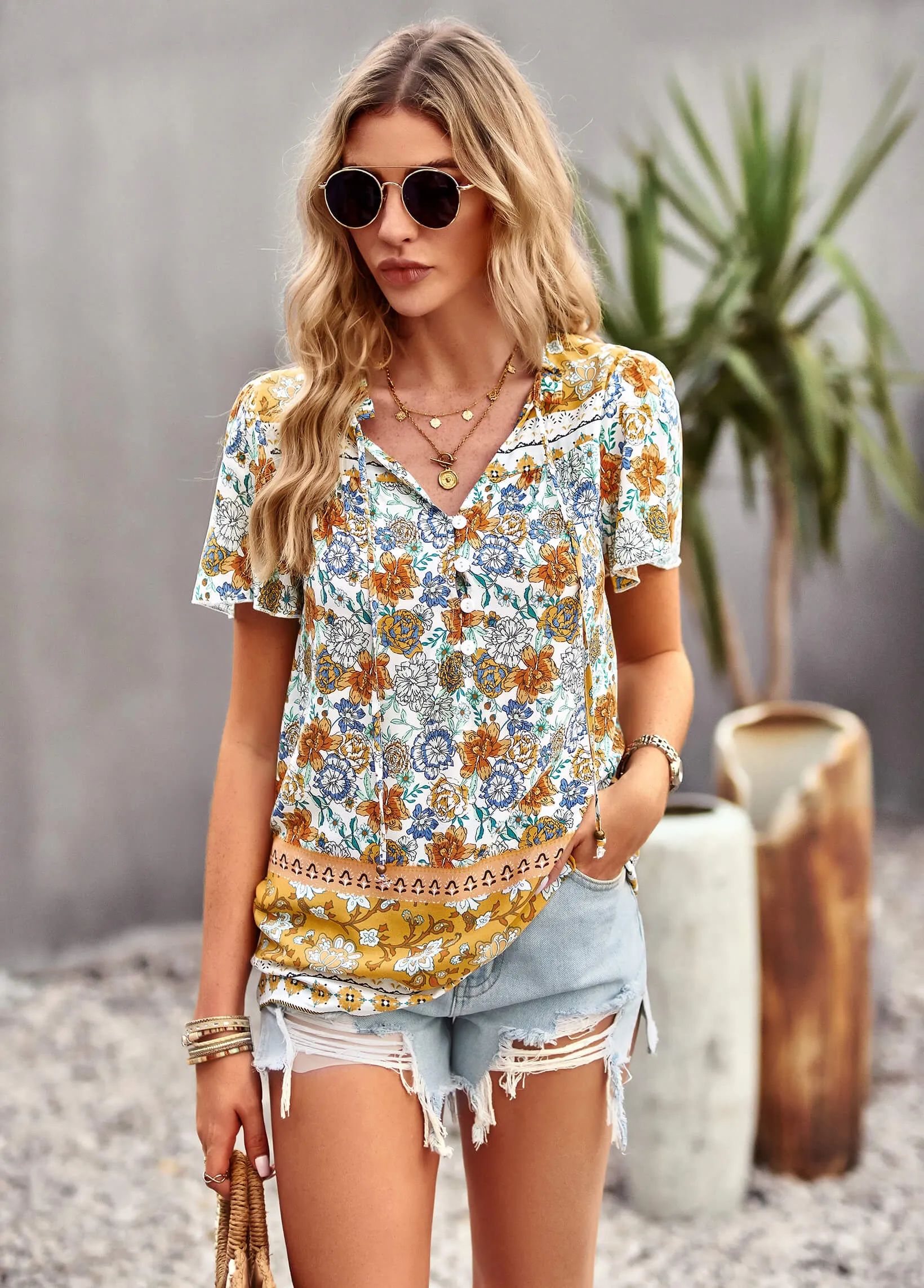 Barbados Doll Printed Button Front Top - Yellow