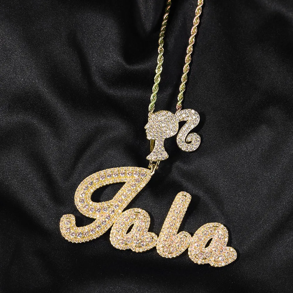 BARBIE DOLL  Custom Name Girl Clasp Brush Script Bubble Letter Iced Out Two Tone CZ
