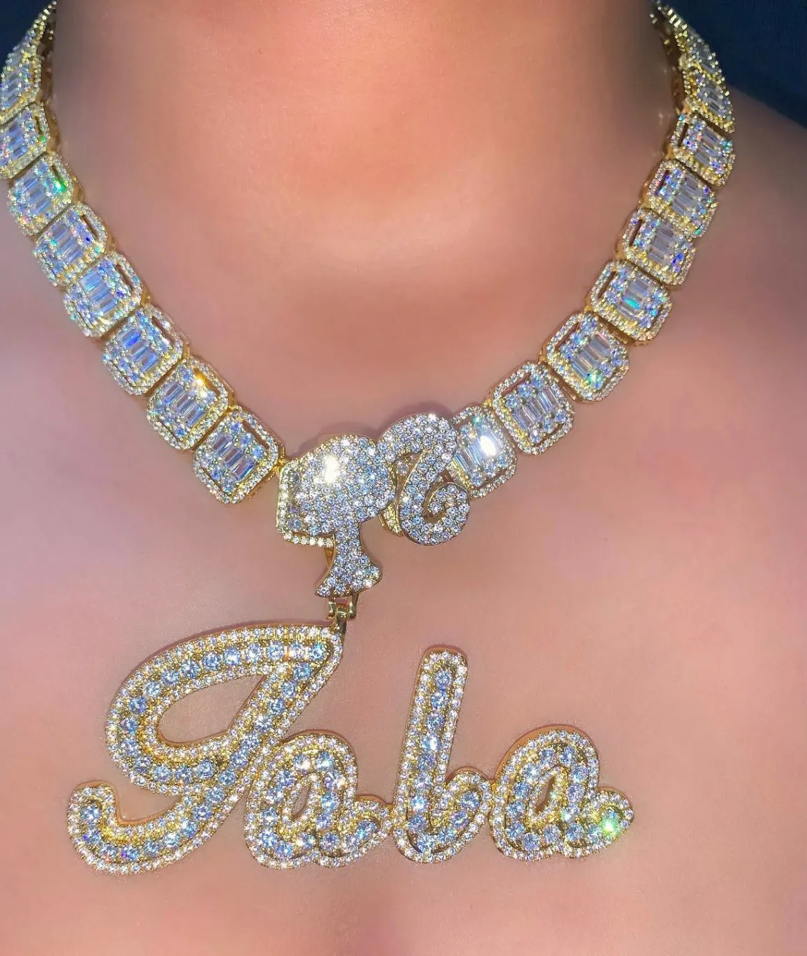 BARBIE DOLL  Custom Name Girl Clasp Brush Script Bubble Letter Iced Out Two Tone CZ