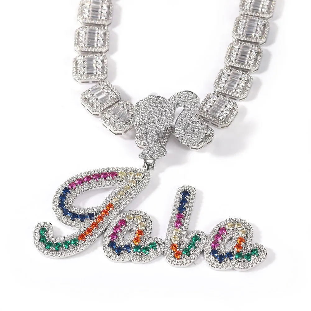 BARBIE DOLL  Custom Name Girl Clasp Brush Script Bubble Letter Iced Out Two Tone CZ