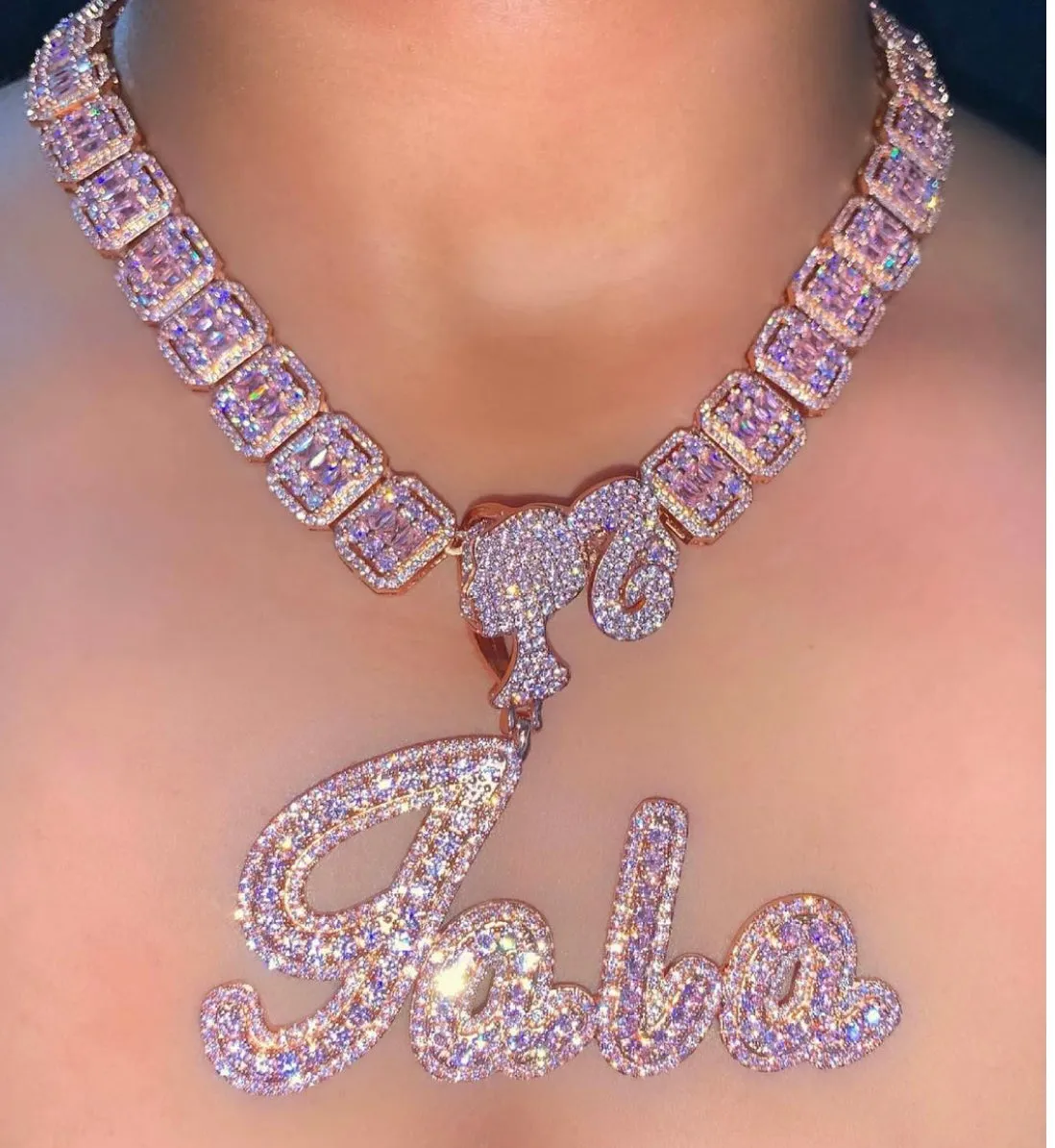 BARBIE DOLL  Custom Name Girl Clasp Brush Script Bubble Letter Iced Out Two Tone CZ
