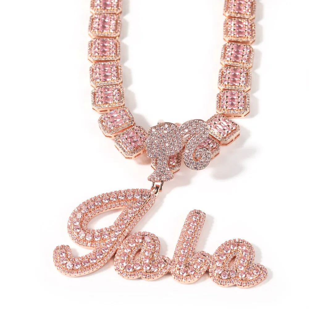 BARBIE DOLL  Custom Name Girl Clasp Brush Script Bubble Letter Iced Out Two Tone CZ