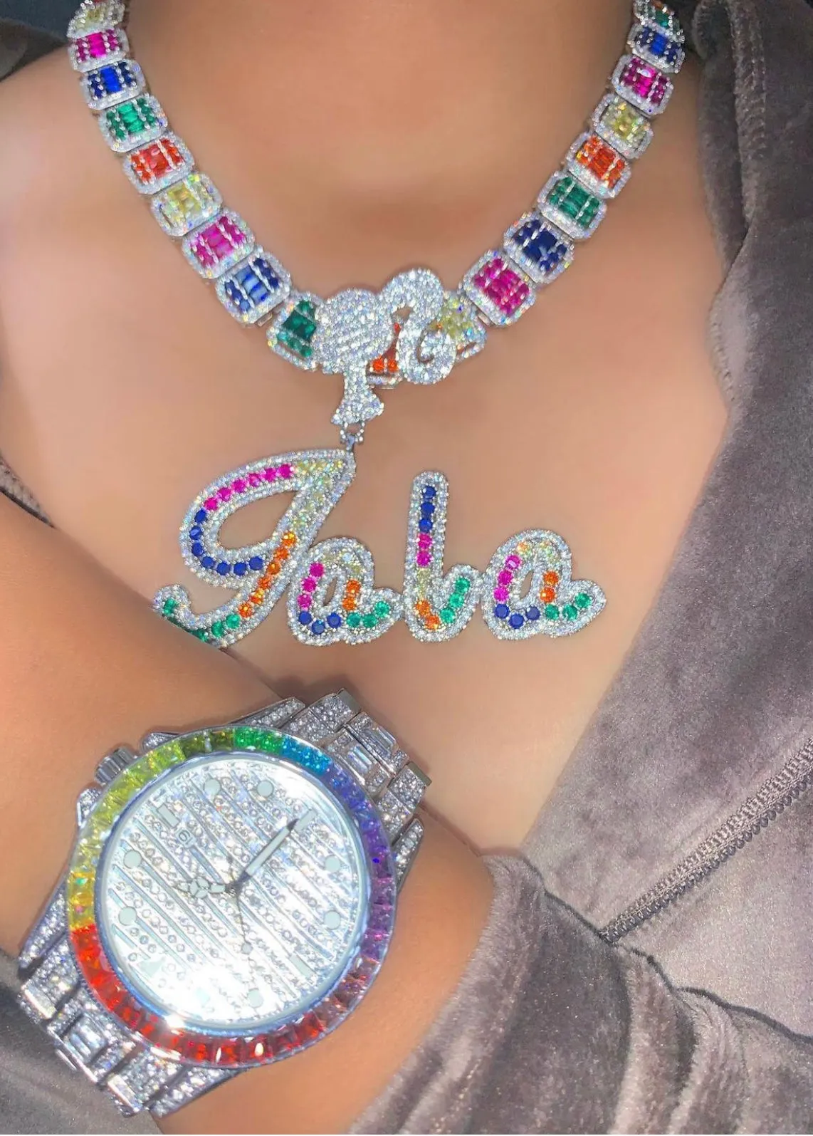 BARBIE DOLL  Custom Name Girl Clasp Brush Script Bubble Letter Iced Out Two Tone CZ