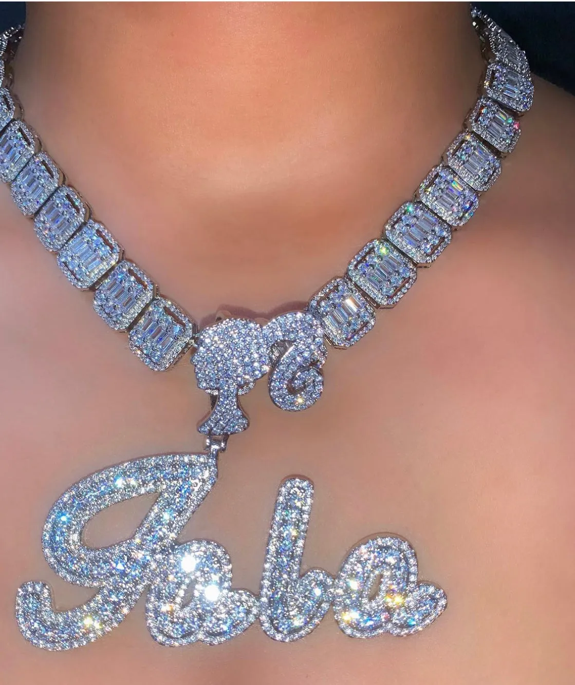 BARBIE DOLL  Custom Name Girl Clasp Brush Script Bubble Letter Iced Out Two Tone CZ