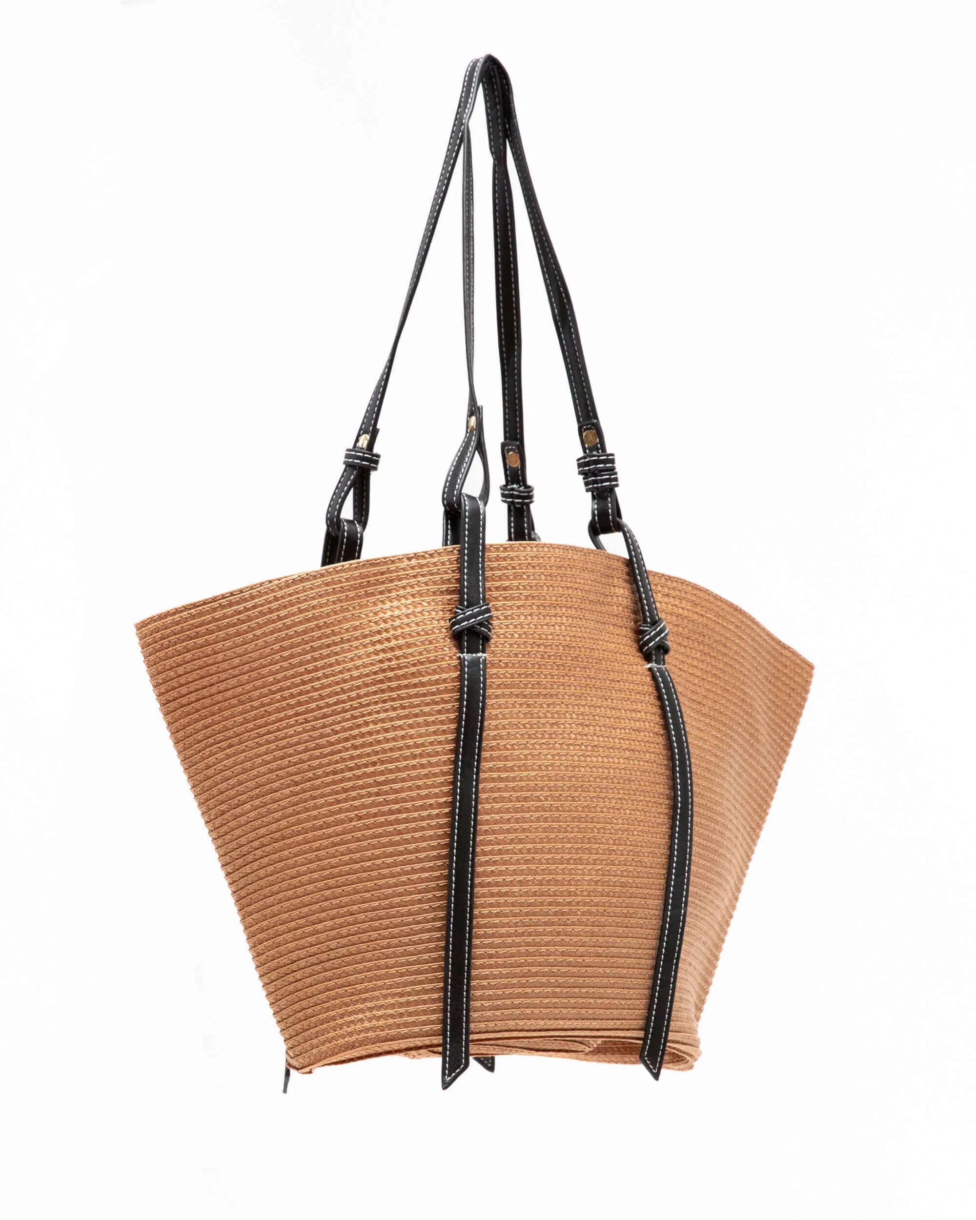 BASKET WEAVE HANDBAG WITH CONTRAST STITCH STRAPS
