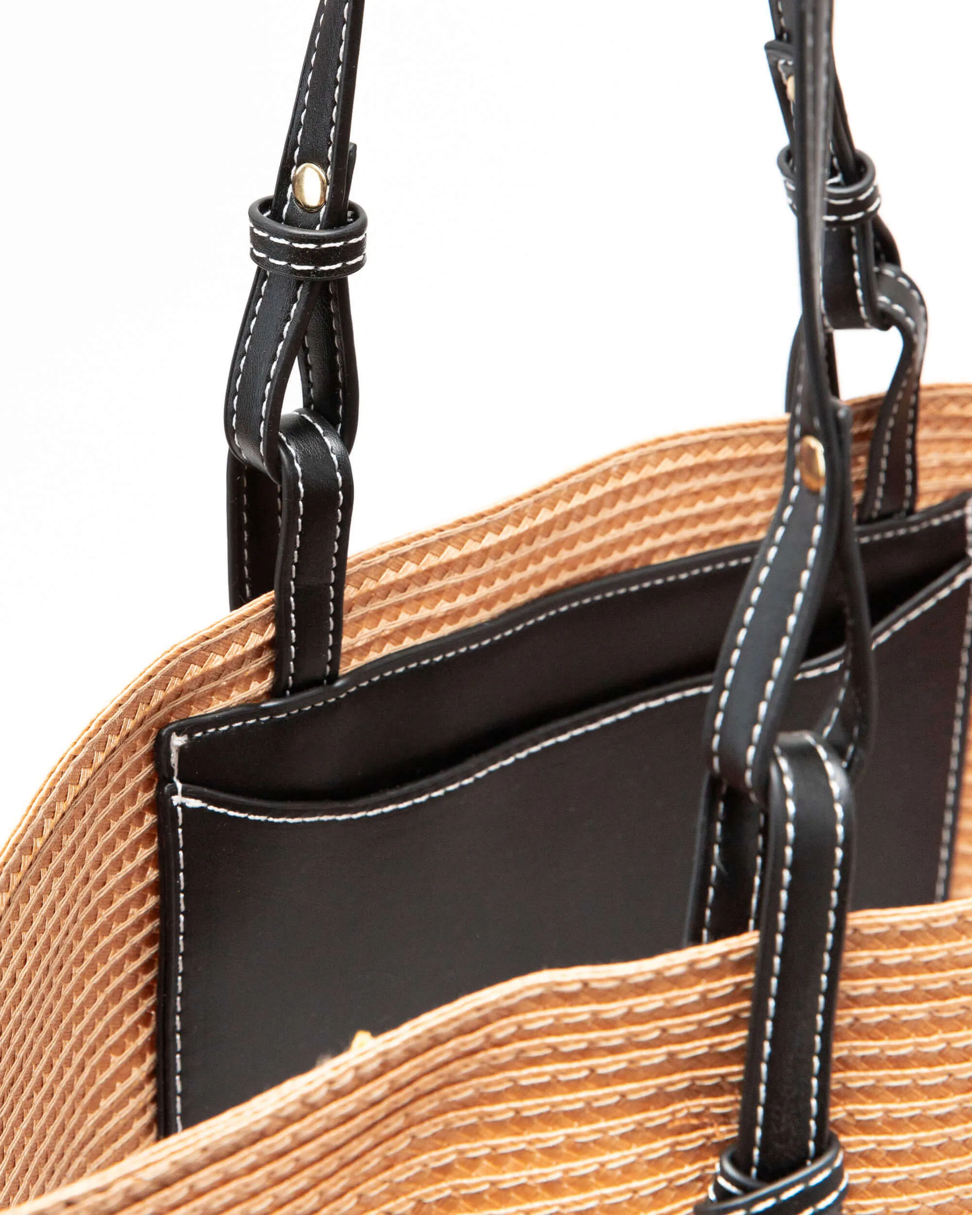 BASKET WEAVE HANDBAG WITH CONTRAST STITCH STRAPS