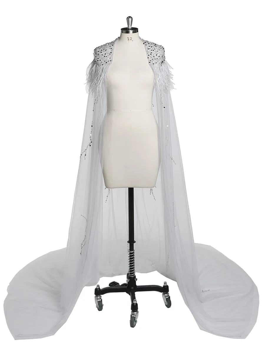 Beading Tulle Cape with Ostrich Hair Fancy Photo Shoot Props