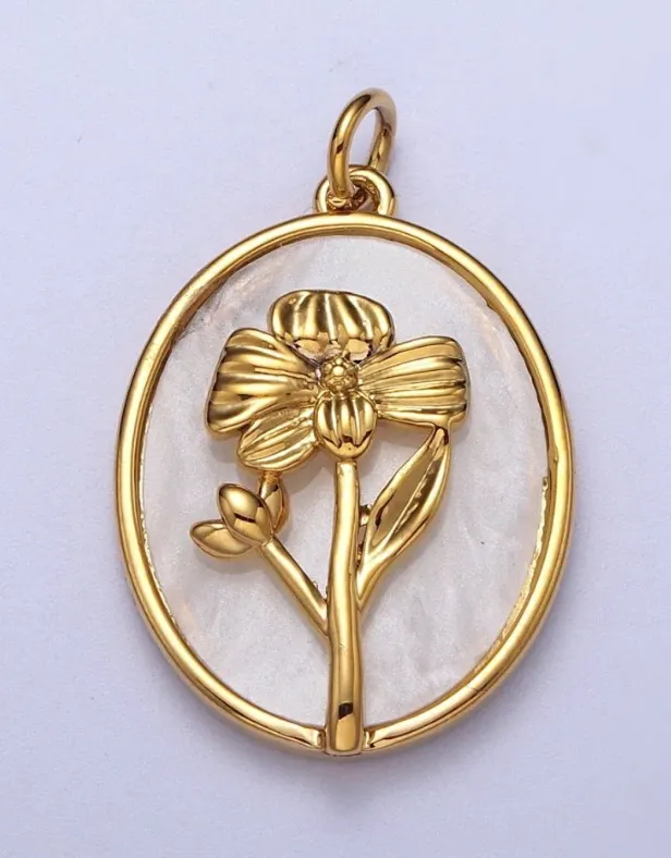 Birth flower oval shell pearl charm