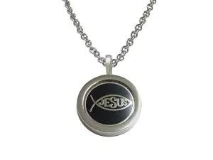 Black and Silver Toned Religious Ichthys Jesus Fish Pendant Necklace