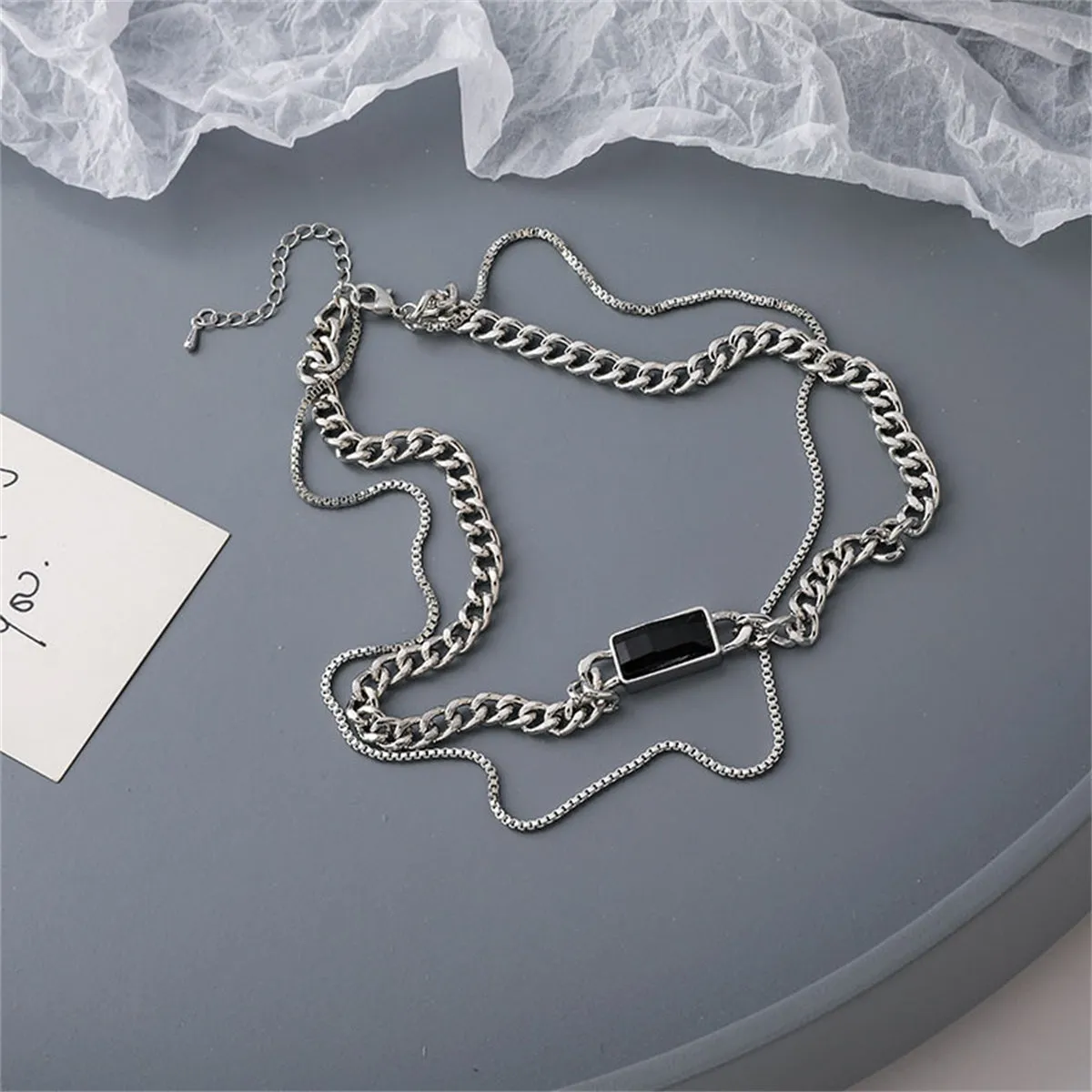 Black Enamel & Silver-Plated Curb Chain Layered Choker