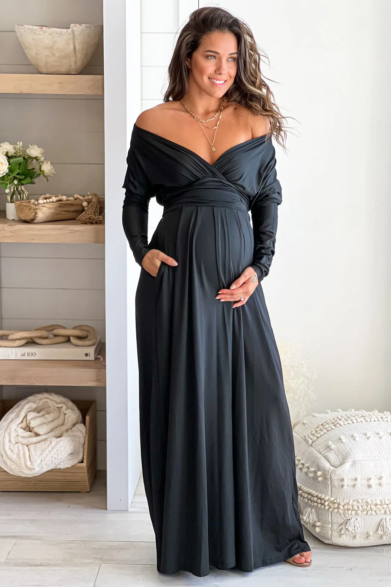 Black Maternity Maxi Dress With Dolman Sleeves And Pockets