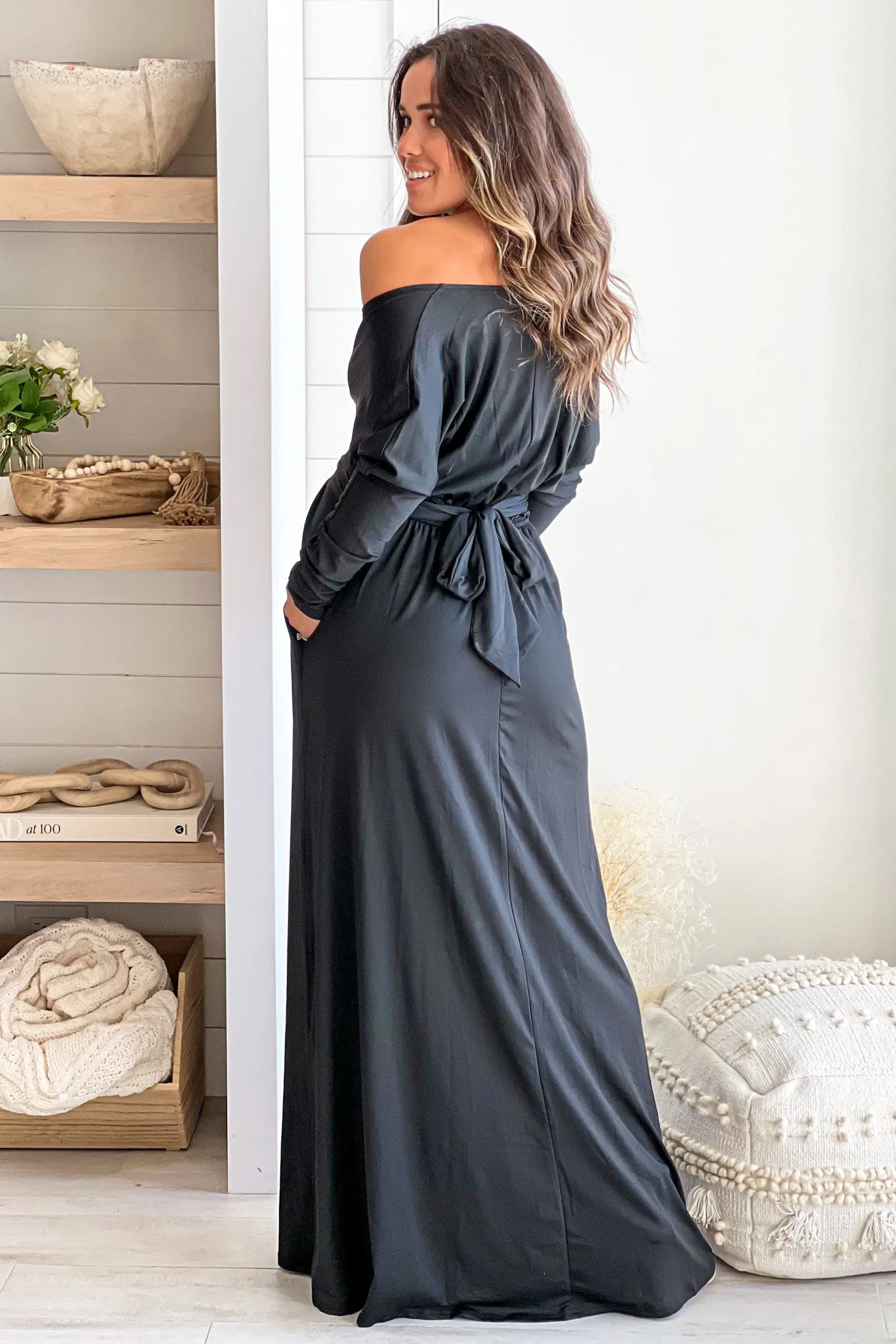 Black Maternity Maxi Dress With Dolman Sleeves And Pockets
