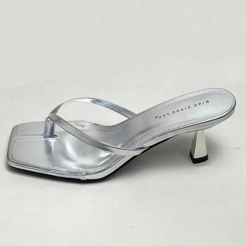 Black Pumps Slides Women Heeled Shoes Casual Footwear Fashion Square Toe Ladies Medium Heels Shoes Female Flip Flops Sandals