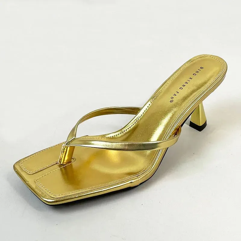 Black Pumps Slides Women Heeled Shoes Casual Footwear Fashion Square Toe Ladies Medium Heels Shoes Female Flip Flops Sandals