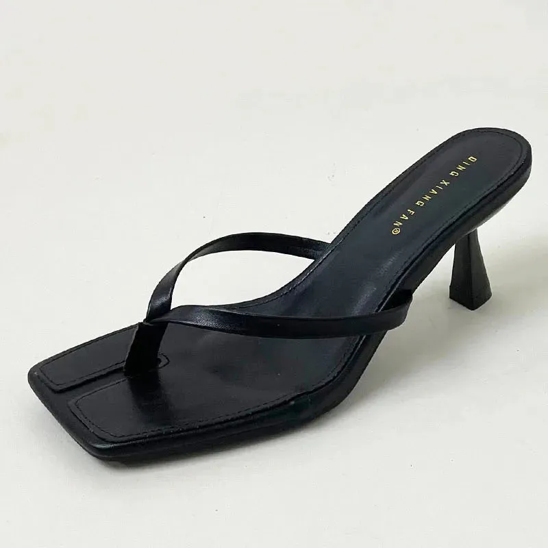 Black Pumps Slides Women Heeled Shoes Casual Footwear Fashion Square Toe Ladies Medium Heels Shoes Female Flip Flops Sandals