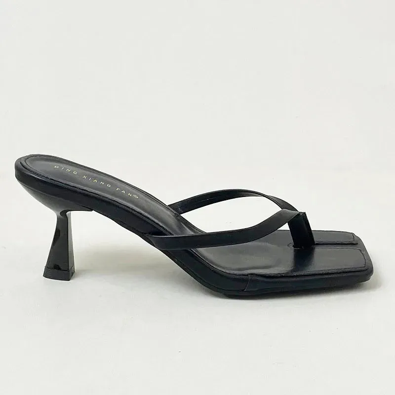 Black Pumps Slides Women Heeled Shoes Casual Footwear Fashion Square Toe Ladies Medium Heels Shoes Female Flip Flops Sandals