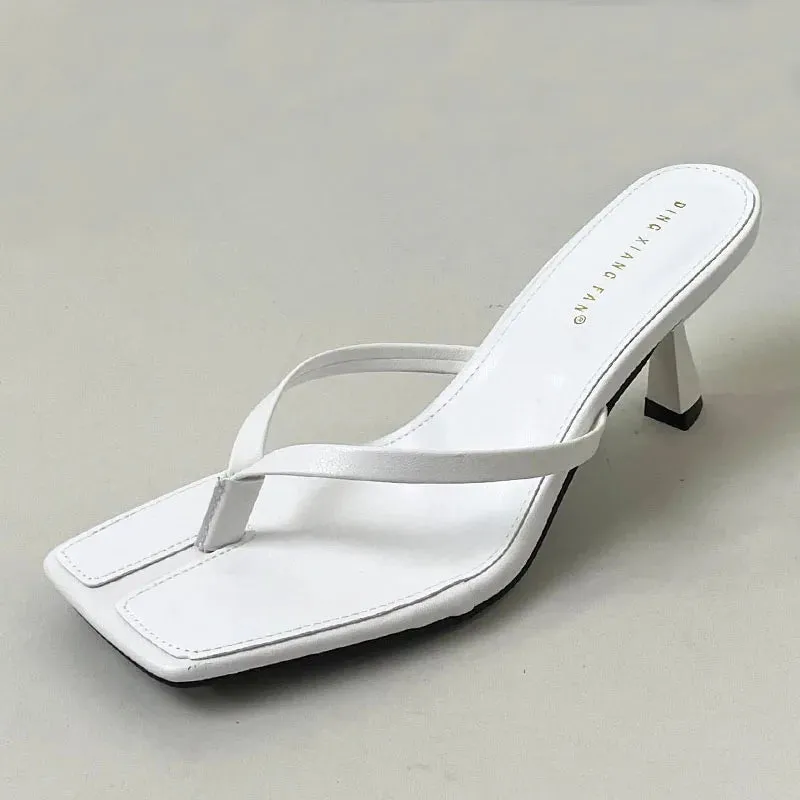 Black Pumps Slides Women Heeled Shoes Casual Footwear Fashion Square Toe Ladies Medium Heels Shoes Female Flip Flops Sandals