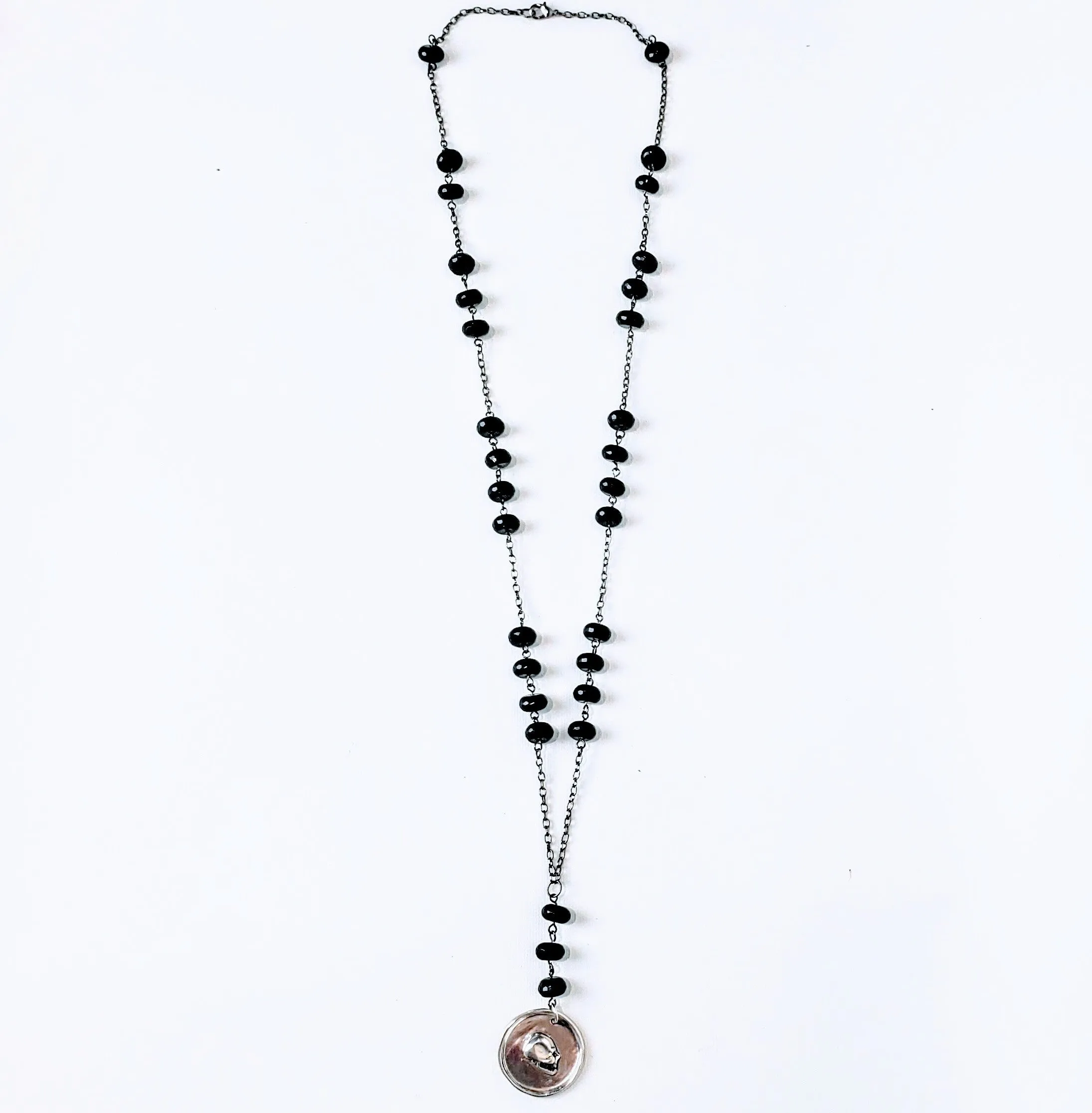 Black Spinel Skull Rosary Style Necklace