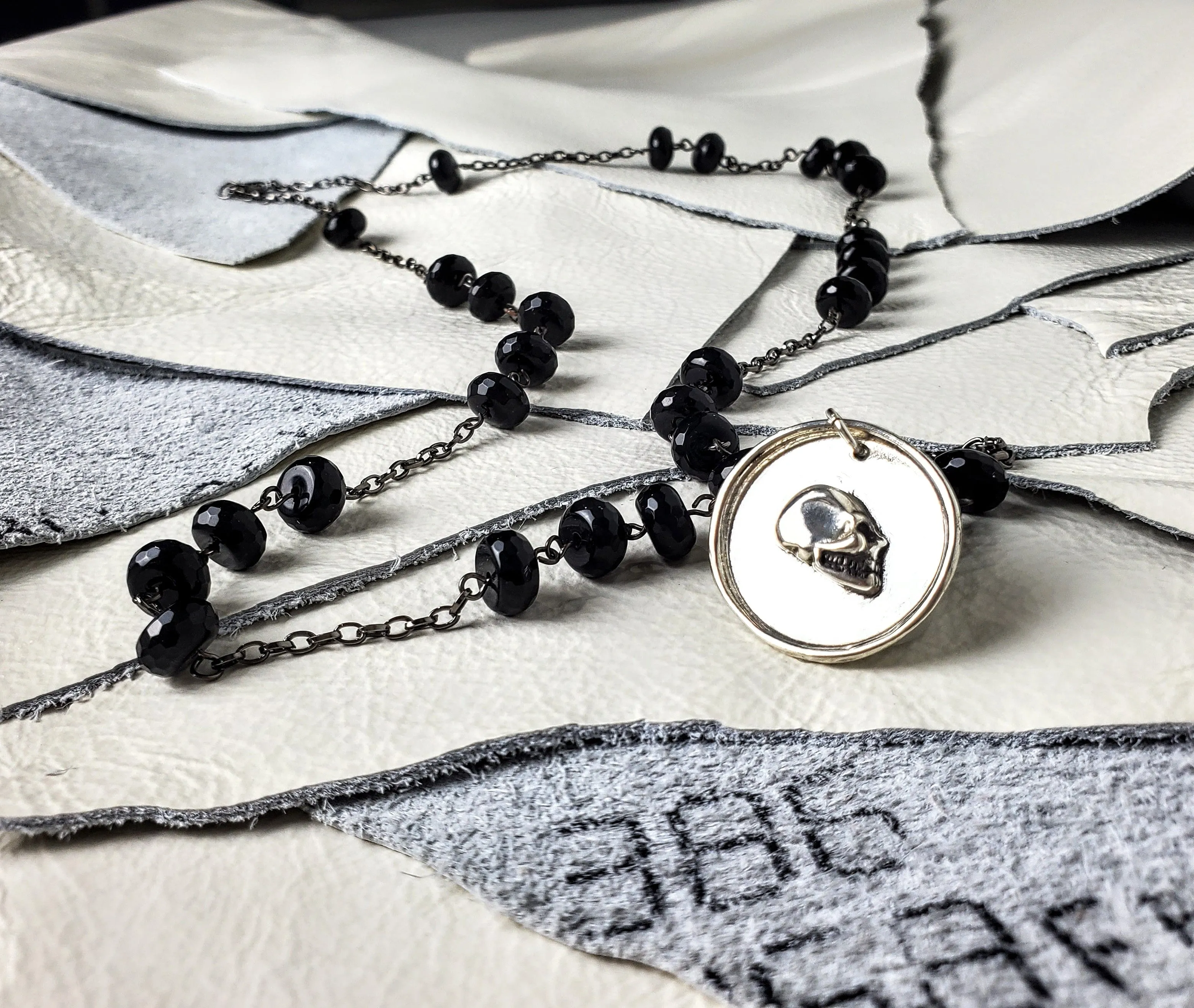 Black Spinel Skull Rosary Style Necklace