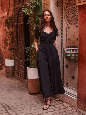 Black Sweetheart Neckline Cotton Midi Dress