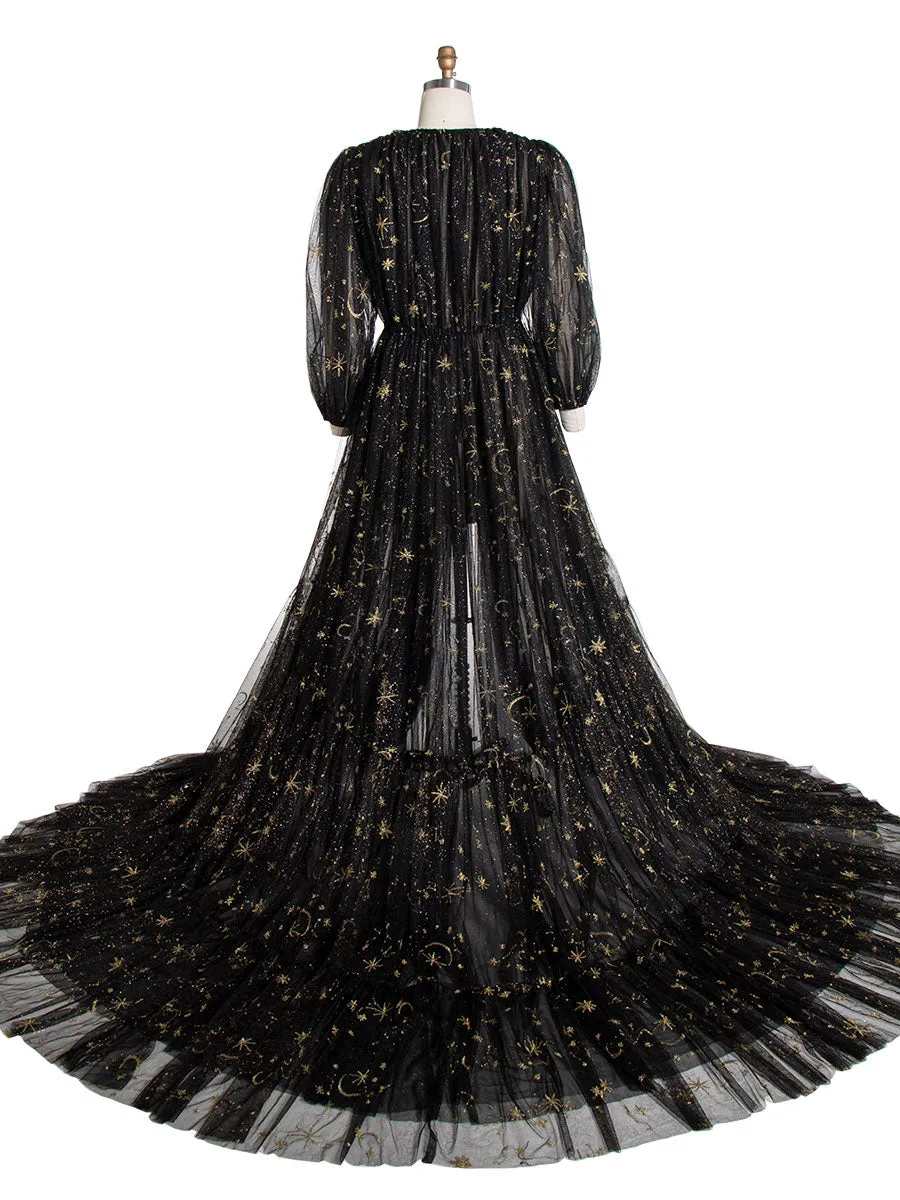Black Tulle Embroidered Gold Stars Maternity Robe Full Sleeves See Through Photo Shoot Dress YW220217-1