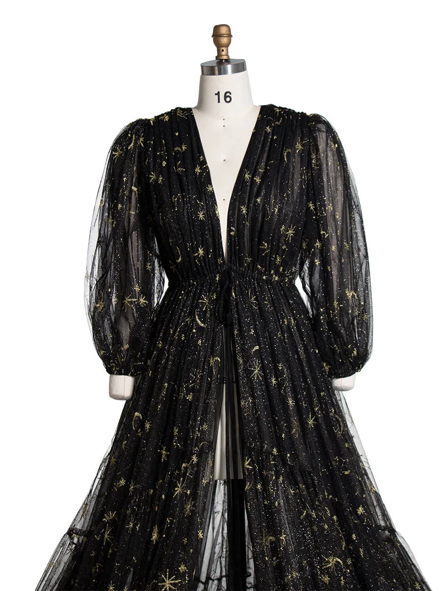 Black Tulle Embroidered Gold Stars Maternity Robe Full Sleeves See Through Photo Shoot Dress YW220217-1