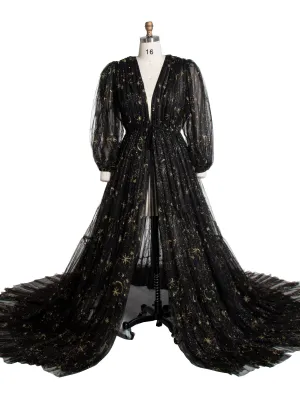 Black Tulle Embroidered Gold Stars Maternity Robe Full Sleeves See Through Photo Shoot Dress YW220217-1