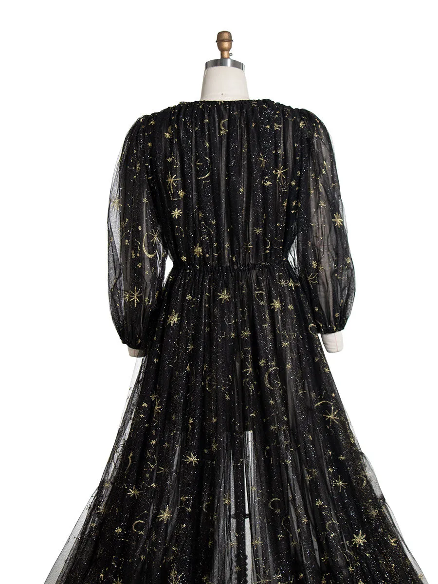 Black Tulle Embroidered Gold Stars Maternity Robe Full Sleeves See Through Photo Shoot Dress YW220217-1