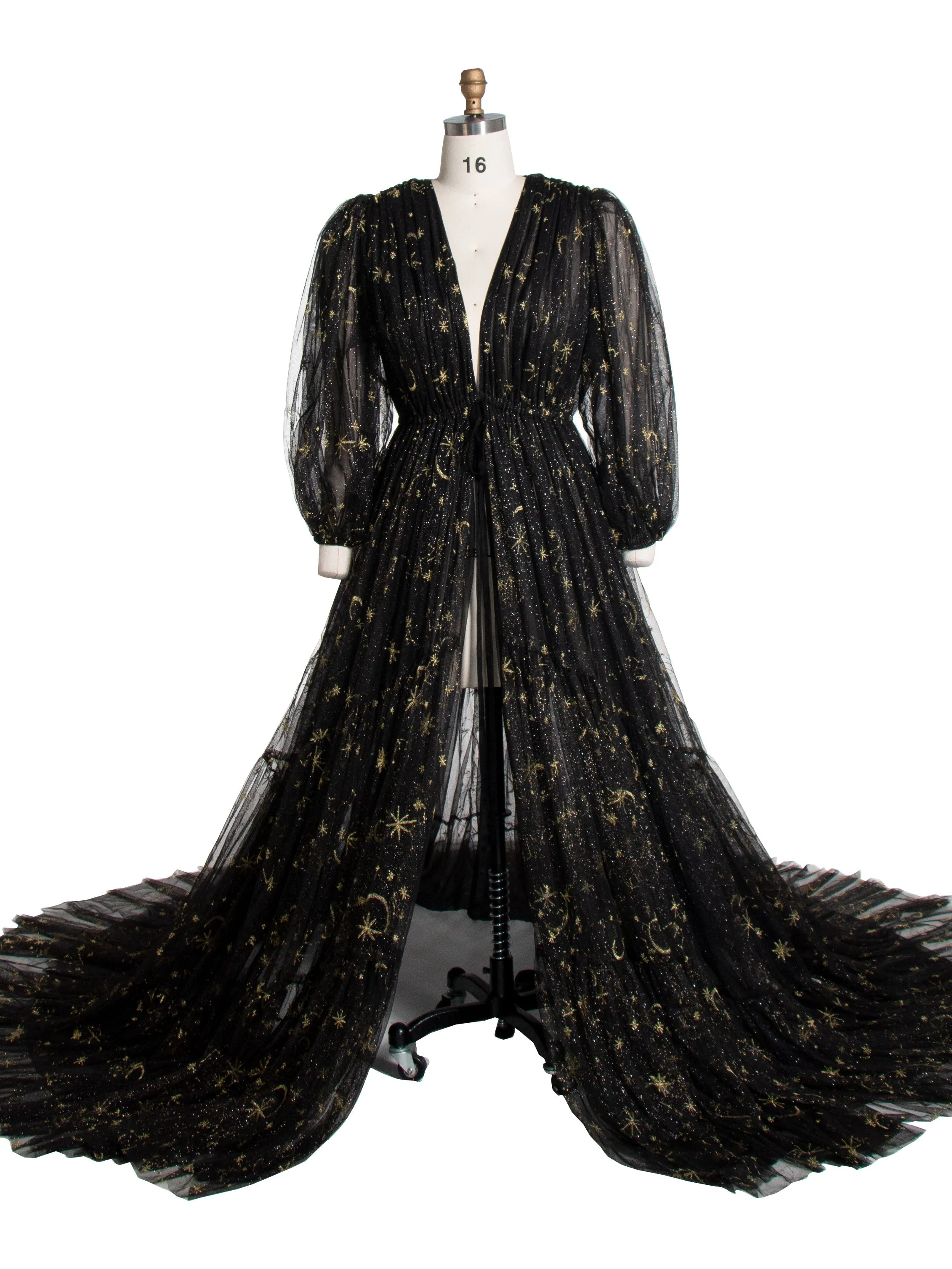 Black Tulle Embroidered Gold Stars Maternity Robe Full Sleeves See Through Photo Shoot Dress YW220217-1