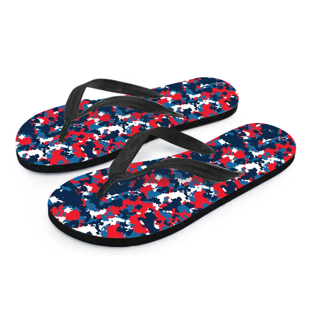 Blue, Red, and White Digital Camo Print Hawaiian Flip Flops: The Perfect Addition to Your Island Outfit
