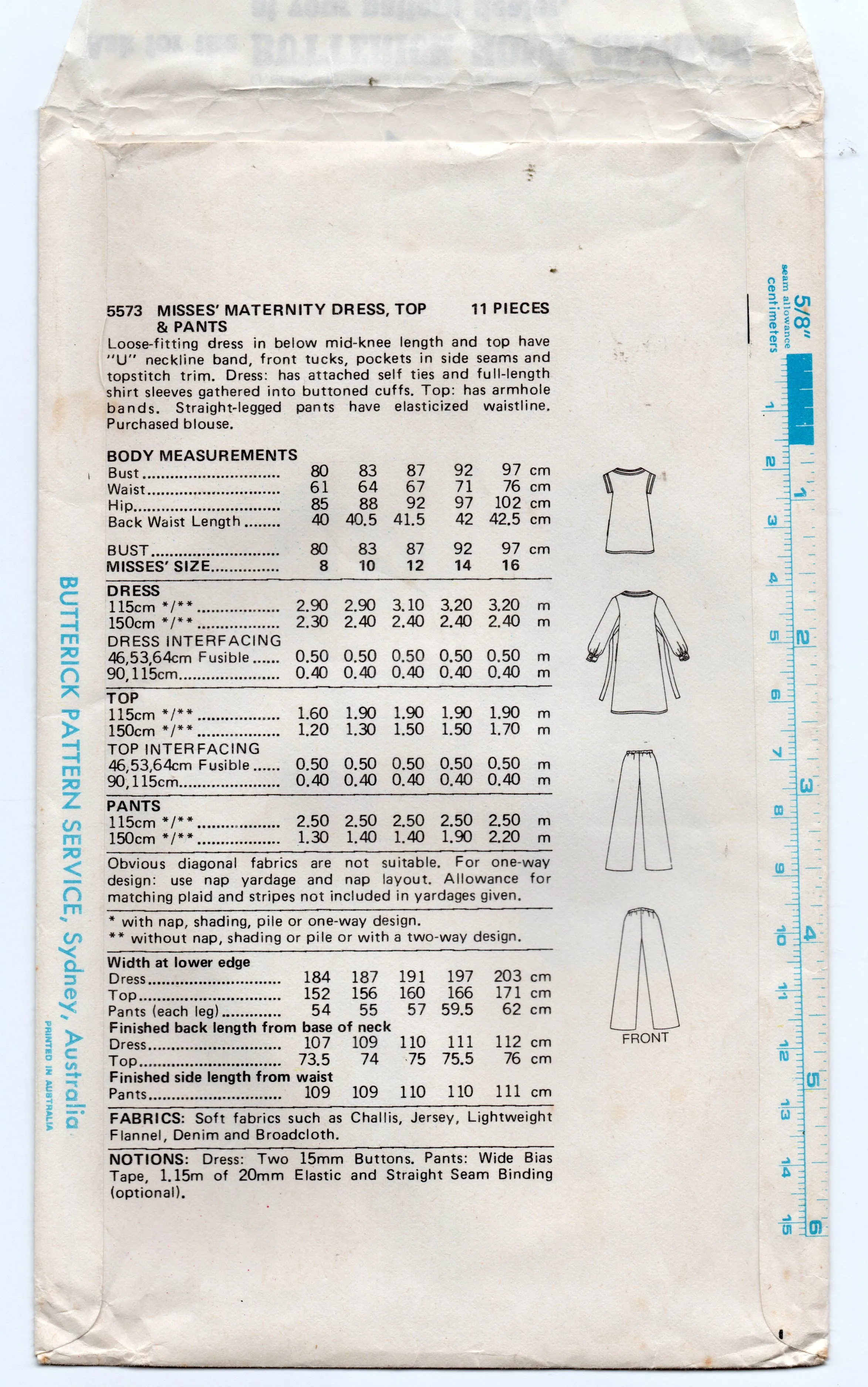 Butterick 5573 Womens Maternity Dress Tunic Top & Pants 1970s Vintage Sewing Pattern Size 12 UNCUT Factory Folded